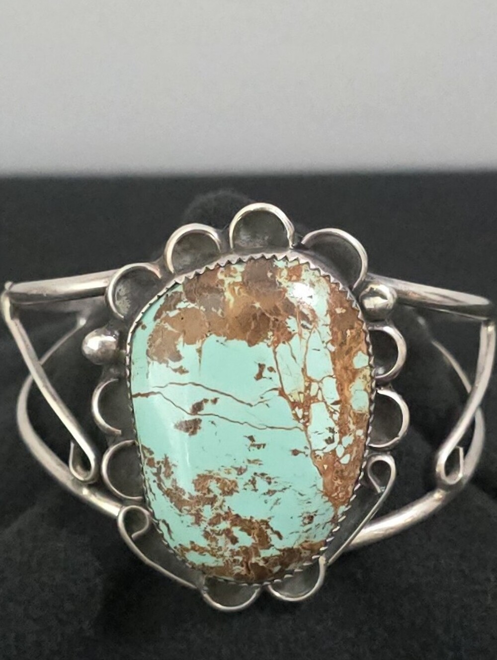 VTG Sterling Silver Lrg Turquoise Cuff Bracelet Split Shank Lrg Stone 1.6"×1.2"